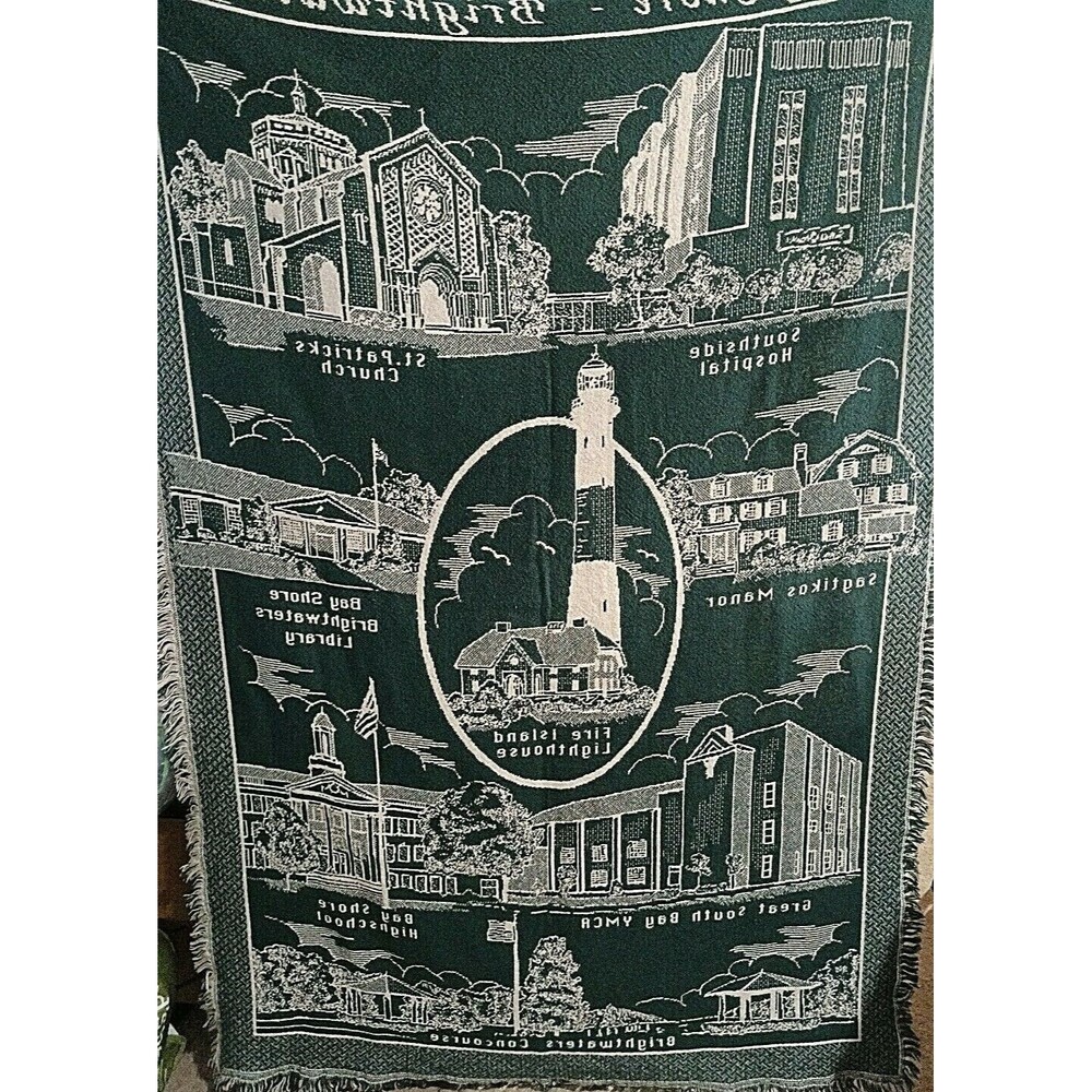 Bayshore Brightwaters Woven Blanket White Green 46"×68" Bayshore NY Locations